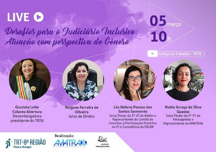Arte em lilás com fotos das participantes da 1a Live pelo 8M