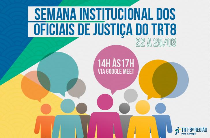 Arte com fundo e bonecos coloridos; balões de fala acima dos bonecos; logo do TRT8 e informações do texto.