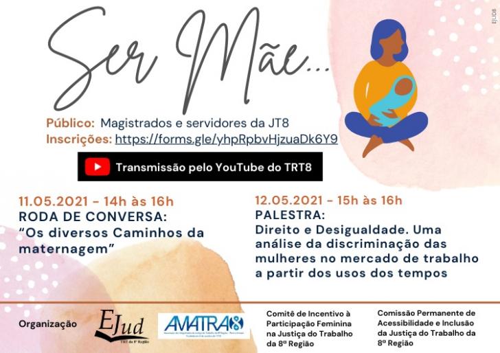 Mulher segurando uma criança, lembrando uma mãe, com as informações do evento