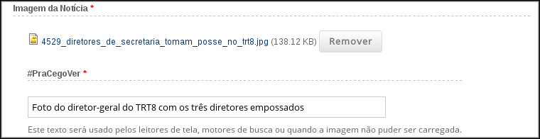 A imagem apresenta tela de cadastro de imagem de notícia com hashtag PraCegoVer
