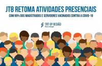 Arte sobre o retorno do atendimento presencial do TRT8, com desenho simbolizando várias pessoas.