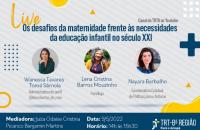 arte de divulgação da live com Imagem com fundo branco letras azuis com foto das três palestrantes  