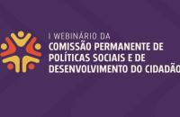 Arte informando o primeiro Webinário da Comissão Permanente de Políticas Sociais e de Desenvolvimento do Cidadão