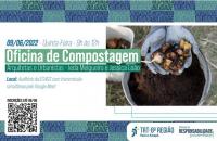 Arte de divulgação da oficina de compostagem com a imagem de uma duas mãos de uma pessoa, carregando sementes em direção ao adub