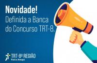 Arte que traz a imagem de megafone para divulgar a instituição que irá elaborar as provas do concurso