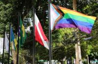 Bandeira do Movimento LGBTQIA+ em destaque juntamente com as bandeiras oficiais 