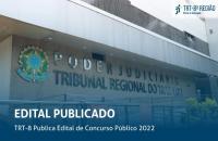 Fotografia da fachada do Fórum Trabalhista de Belém com fundo azul abaixo e o texto "Edital publicado"
