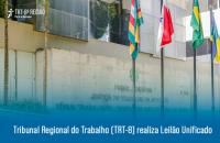  Fachada do TRT-8. Abaixo, um fundo azul com o texto "Tribunal Regional do Trabalho (TRT-8) Leilão Unificado" na cor branca.