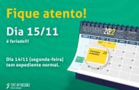 Arte ilustrativa do calendário destacando o feriado do dia 15 de novembro