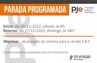 Arte gráfica nas cores preta, laranja e branca sobre a Parada Programada