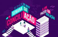 Arte gráfica com fundo roxo, desenho de um prédio e pessoas em uma sala de reunião. 