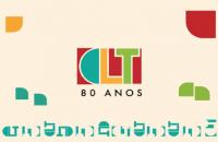 : Arte gráfica com fundo claro e utiliza cores verde, vermelho, amarelo. Ao centro da imagem o texto: CLT 80 anos. Fim da descri