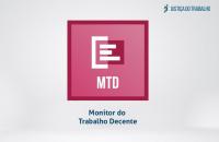 : Arte com fundo cinza, no canto superior direito a logomarca da Justiça do Trabalho. Centralizado um quadro na cor rosa