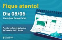 Arte gráfica com fundo azul claro e a imagem de um calendário do lado direito, indicando o dia 08 de junho, feriado