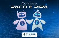 Arte com fundo azul e grafismos em formato hexagonal na cor azul mais clara. Ao centro, os dois robôs, Paco e Pipa, lado a lado.