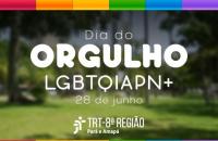 arte gráfica com fundo desfocado. No rodapé superior e inferior, as cores do arco-íris. Ao centro: Dia do Orgulho LGBTQIAPN+.