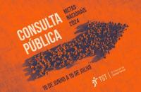 Arte gráfica com fundo laranja que traz o texto Consulta Pública Metas Nacionais 2024 e uma seta indicando para cima