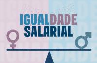 Balança com os símbolos masculino e feminino em cada lado do prato e, sobre ela, a expressão igualdade salarial