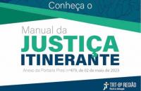 Arte gráfica em fundo branco com detalhes azuis e verdes. Ao centro: "Manual da Justiça Itinerante"