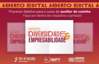 Arte gráfica com fundo vermelho que traz o texto: Edital aberto. Projeto Diversidade e Empregabilidade