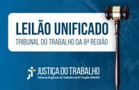 Arte gráfica em azul e branco. Centralizado estão os dizeres: "Leilão Unificado" e "Tribunal do Trabalho da 8° Região".