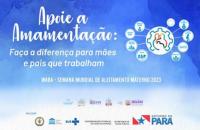 Arte gráfica com fundo azul. Acima, o texto "Apoie a amamentação: Faça a diferença para mães e pais que trabalham" na cor branca