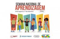 Arte gráfica com fundo branco. Centralizado acima o texto "Semana Nacional de Aprendizagem" nas cores preto e vermelho.