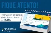 Arte gráfica com o fundo azul e um calendário ao lado direito, que destaca os dias 7 e 8 de setembro com a cor amarela. 