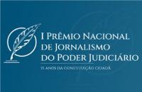 Arte gráfica com fundo azul e o seguinte texto centralizado: Prêmio Nacional de Jornalismo do Poder Judiciário.