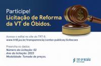 arte gráfica nas cores azul e branca com a frase: Participe! Licitação de Reforma da vt de óbidos, na cor amarela. 