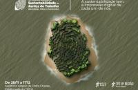 Arte gráfica mostrando uma ilha em meio à um rio de características amazônicas as árvores nessa ilha formam um padrão de digital