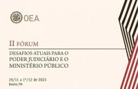 Arte gráfica com fundo claro. Ao lado direito, grafismos em preto e vermelha. Ao lado esquerdo, a logo da OEA.