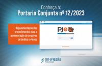 : Arte gráfica em azul escuro, com detalhes em tom branco. Centralizado acima a frase: "Conheça a Portaria Conjunta nº12/2023". 