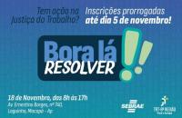 Arte gráfica com fundo azul. Ao centro, a logo do "Bora lá resolver". 