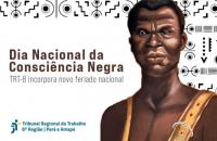 Arte gráfica com fundo branco e grafismos escuros. Ao lado direito, a ilustração de Zumbi dos Palmares