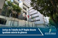 Arte gráfica ao fundo a imagem da fachada do prédio sede do TRT-8. No rodapé alinhado à esquerda o seguinte texto: Justiça do Tr