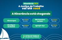  Arte gráfica com fundo azul, centralizado no cabeçalho, o texto: Itinerância TRT-8. A Justiça do Trabalho vai até você.  A Itin