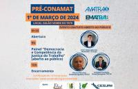 Arte gráfica nas cores cinza, azul e laranja. Alinhado à esquerda o título: Pré-Conamat, 1º março de 2024, local: Salão Nobre do