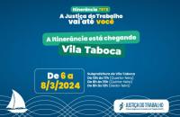 Arte gráfica com fundo azul. No topo, o texto "Itinerância TRT 8. A Justiça do Trabalho vai até você"