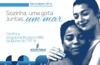 Card nas cores azul  e branco com a temática Mês das Mulheres TRT-8