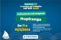 Card com fundo azul. Centralizado no topo, o texto "Itinerância TRT8, a justiça do trabalho vai até você"