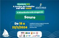 Card com fundo azul. Centralizado no topo, o texto "Itinerância TRT-8, a Justiça do Trabalho vai até você". Abaixo, o texto " it