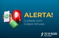 Arte gráfica com o texto centralizado: Alerta! Cuidado com golpes virtuais. Ao lado esquerdo ícones de um mão com um celular log
