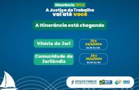 #Paratodosverem: Arte gráfica com fundo azul, centralizado no cabeçalho, o texto: Itinerância TRT-8. 