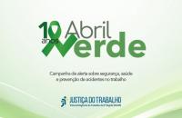 Arte gráfica com fundo verde e branco. Centralizado o selo dos 10 anos do abril Verde. 