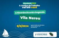 #ParaTodosVerem: Arte gráfica com fundo azul. No topo, o texto "Itinerância TRT 8. A Justiça do Trabalho vai até você". Abaixo, 