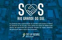 Fotografia com filtro azul de cidade alagada no Rio Grande do Sul. Sobre ela, o texto: S.O.S Rio Grande do Sul.