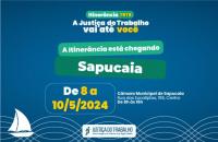 #Paratodosverem: Arte gráfica com fundo azul, centralizado no cabeçalho, o texto: Itinerância TRT-8. A Justiça do Trabalho vai a