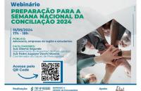 Arte gráfica com fundo claro e letras em azul e verde. À  esquerda, o texto: “Webinário. Preparação para a semana nacional da co