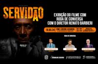 A imagem mostra o cartaz do filme e fotos dos participantes da roda de conversa